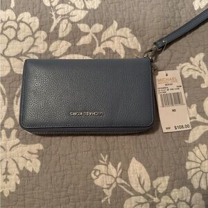 Michael Kors Slate Blue Zip-Around Leather Wristlet Wallet